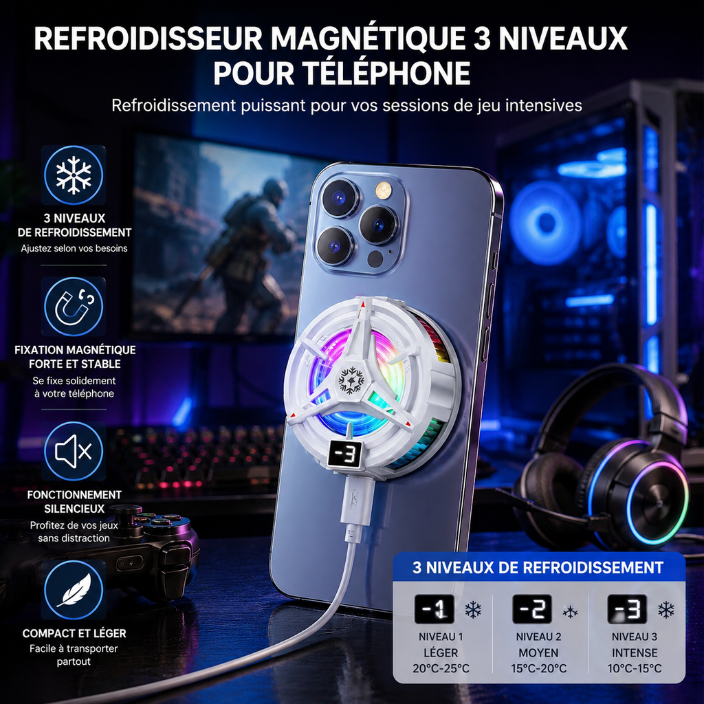 Refroidisseur de Smartphone à Semi-Conducteur 5V/3A – Refroidissement Puissant, Fixation Magnétique & Clip 2-en-1 avec Écran Numérique pour Gaming et Streaming