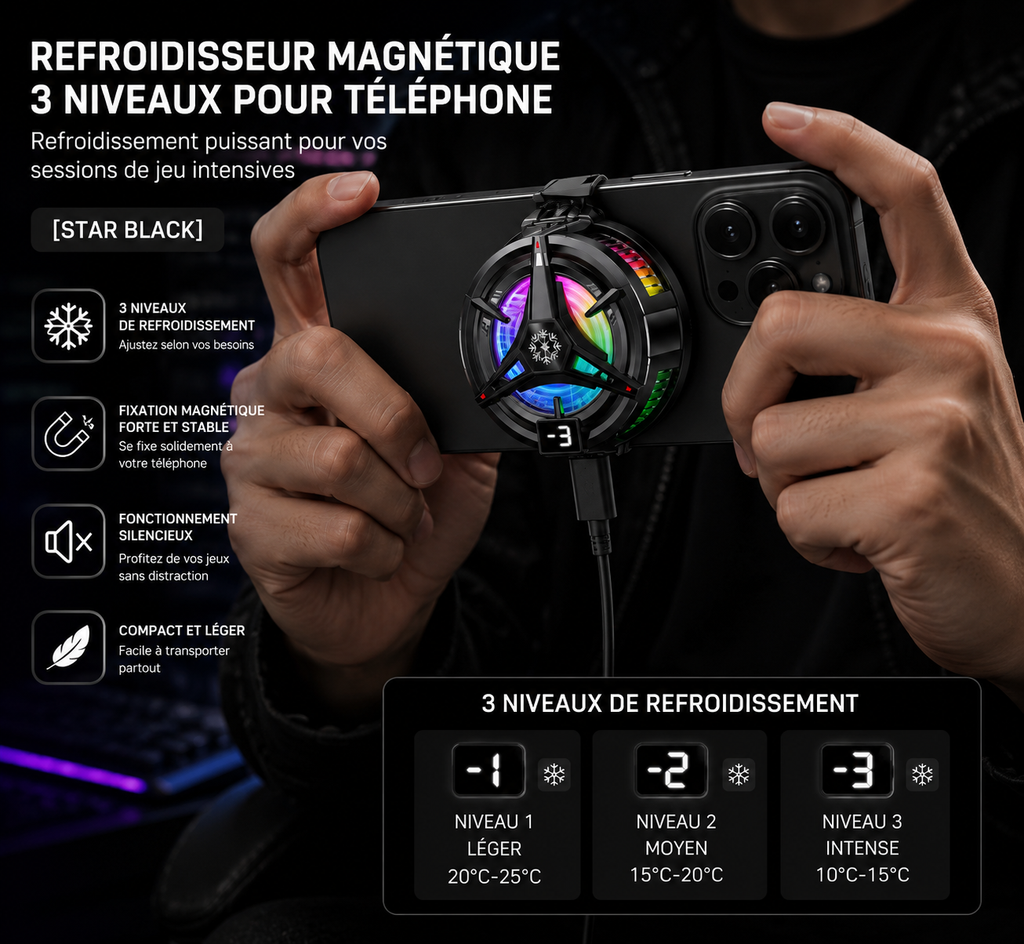 Refroidisseur de Smartphone à Semi-Conducteur 5V/3A – Refroidissement Puissant, Fixation Magnétique & Clip 2-en-1 avec Écran Numérique pour Gaming et Streaming