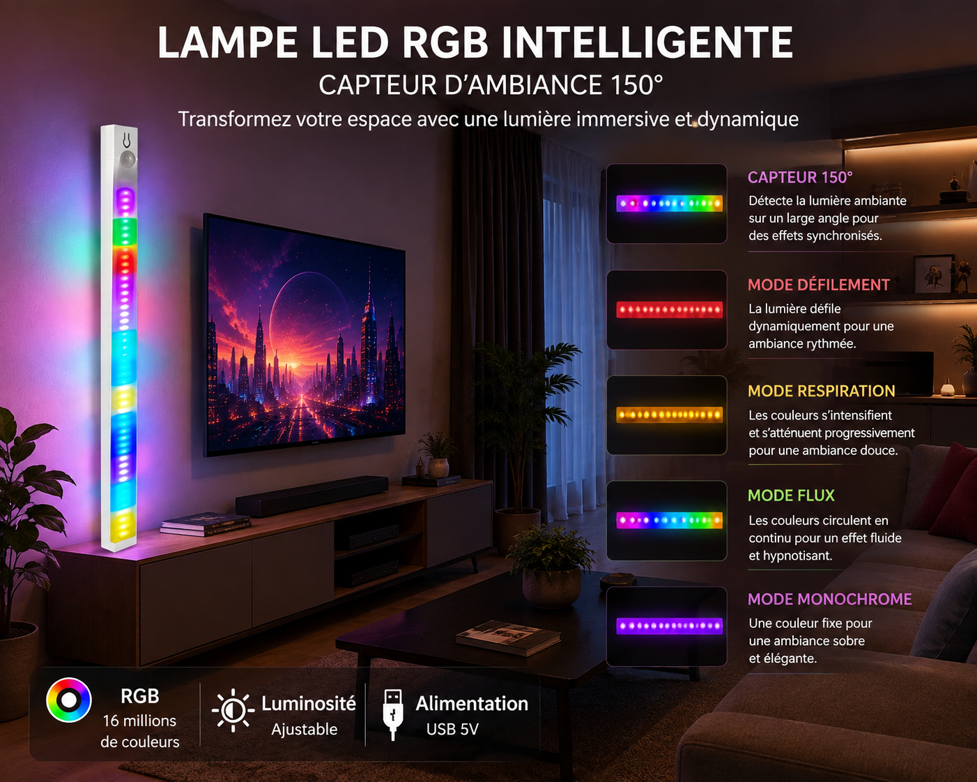 Lampe LED RGB d’Ambiance avec Capteur – Éclairage Multicolore à Effet Arc-en-Ciel pour Salon, Chambre, Gaming & Soirées