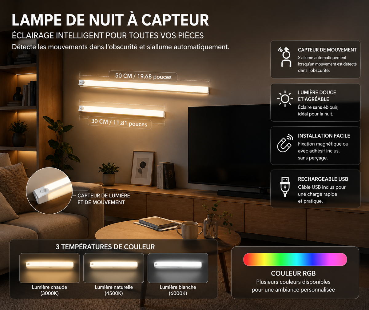Lampe LED RGB d’Ambiance avec Capteur – Éclairage Multicolore à Effet Arc-en-Ciel pour Salon, Chambre, Gaming & Soirées