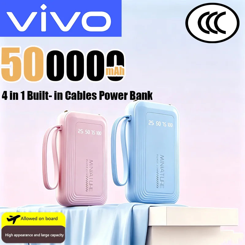 Batterie Externe VIVO 500000 mAh 120W – Power Bank avec 4 Câbles Intégrés, Charge Ultra Rapide pour iPhone, Samsung, Huawei & Xiaomi