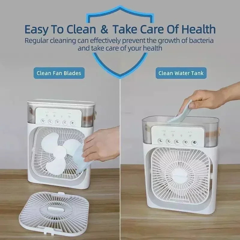 Mini Climatiseur 3-en-1 Portable – Ventilateur, Humidificateur et Veilleuse LED pour Maison et Bureau