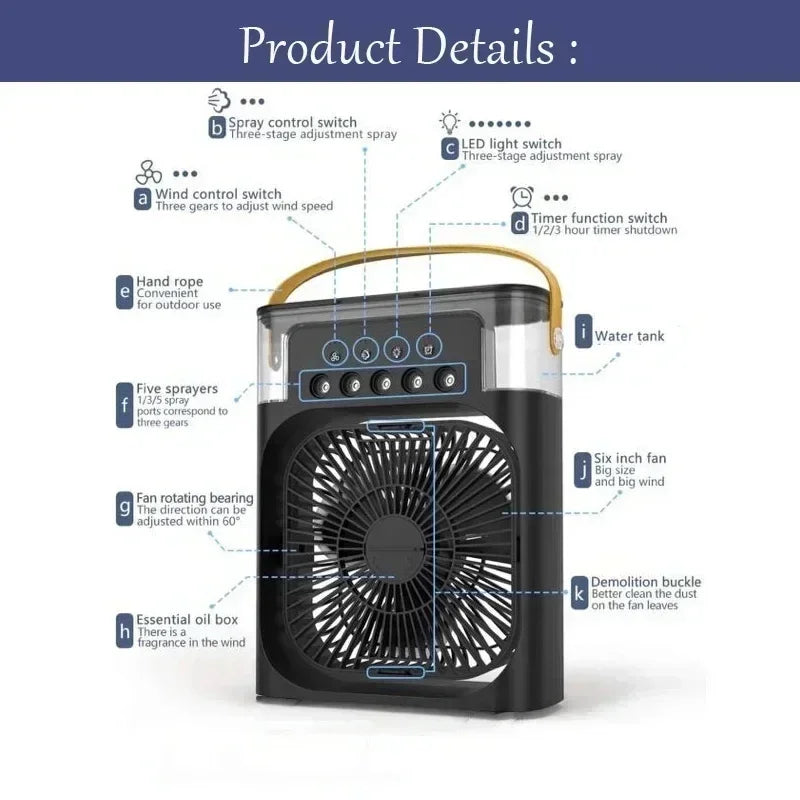 Mini Climatiseur 3-en-1 Portable – Ventilateur, Humidificateur et Veilleuse LED pour Maison et Bureau