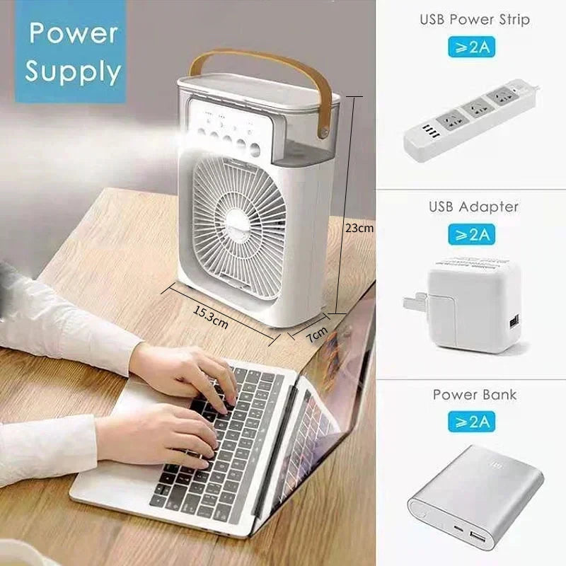 Mini Climatiseur 3-en-1 Portable – Ventilateur, Humidificateur et Veilleuse LED pour Maison et Bureau
