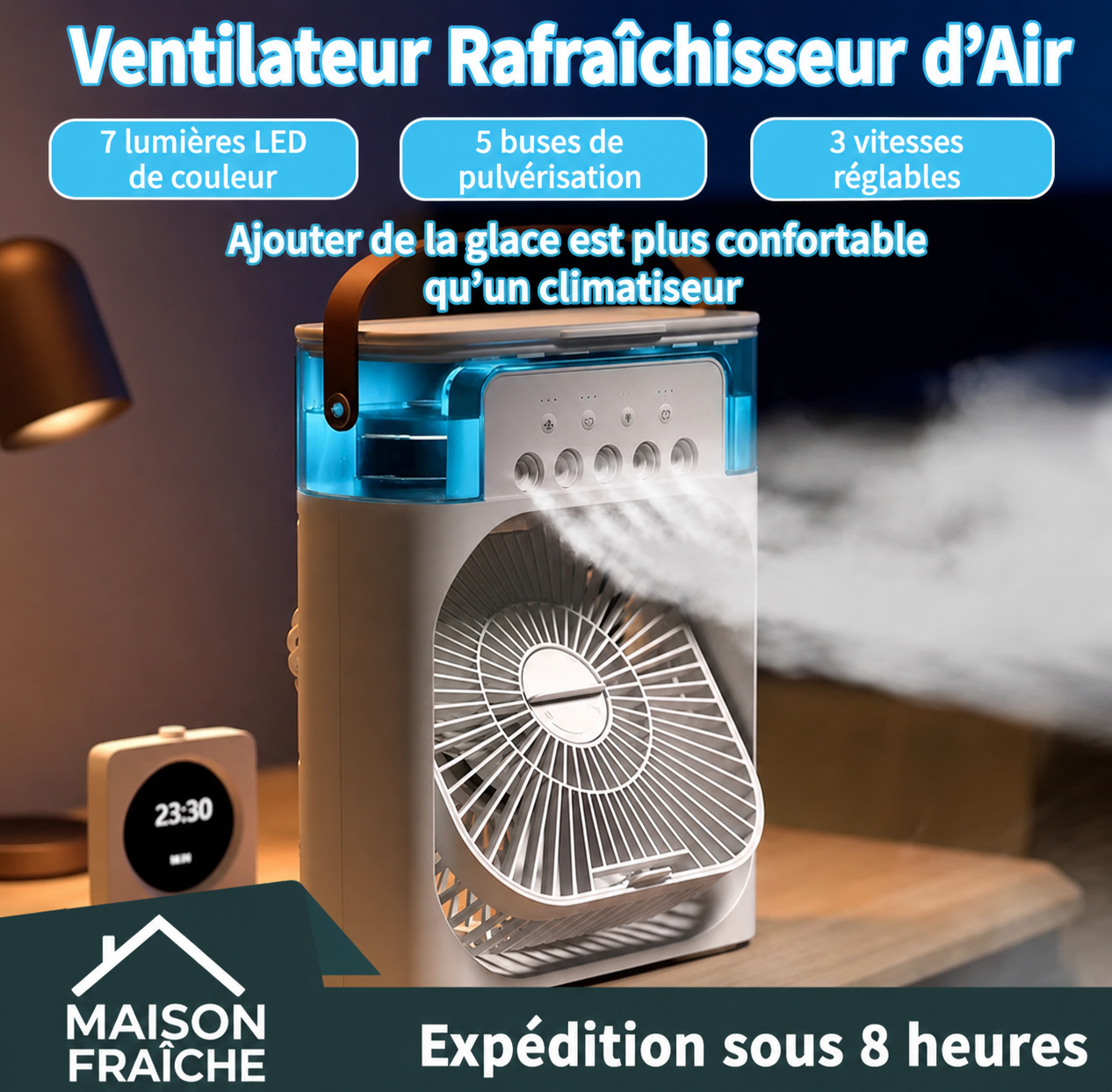 Mini Climatiseur 3-en-1 Portable – Ventilateur, Humidificateur et Veilleuse LED pour Maison et Bureau