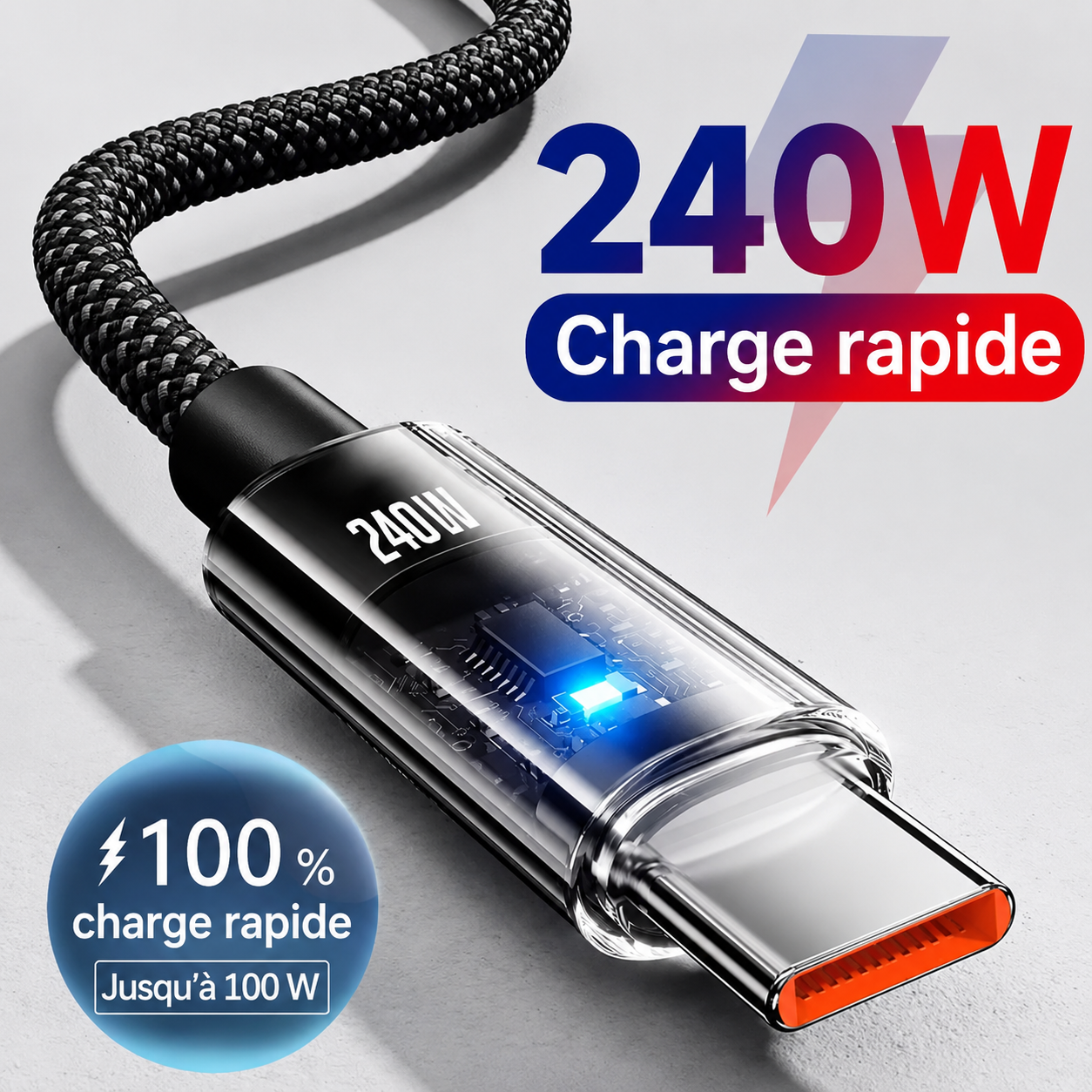 Câble USB-C 240W en Nylon Tressé avec Écran LED – Charge Ultra Rapide pour Samsung, Xiaomi, Huawei, Honor
